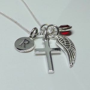 Sterling Silver Personalised Cross Angel Wing Necklace Memorial Sympathy Gift Initial Charm Cross Pendant Birthstone Charm Gift for Her