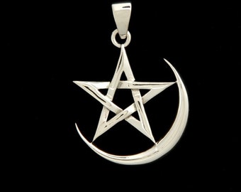 Sterling Silver Crescent Moon Pentagram Pendant Necklace