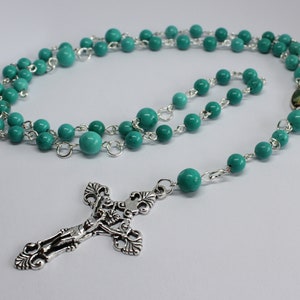 Natural Turquoise Gemstone Rosary Beads, Five Decade Rosary Beads with Crucifix, Turquoise Catholic Rosary Beads, Turquoise Prayer Beads