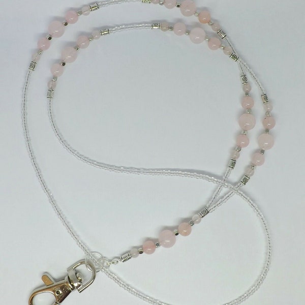 Rose Quartz Gemstone Beads Badge Holder ID Lanyard Cruise Work Lanyard Accessory Cruise Lanyard Healing Gemstone Necklace Lanyard Gift