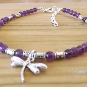 Amethyst 4mm Gemstone Beaded Dragonfly Charm Ankle Bracelet Healing February Birthstone Healing Beach Anklet Any Gemstone Gift for Her