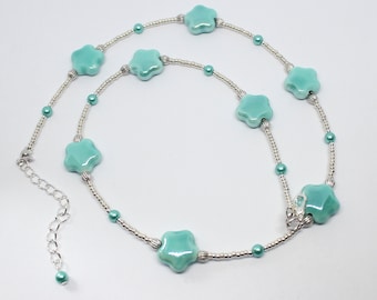 Turquoise Flowers Choker, Ceramic Flower Beads Choker, Flowers Necklace,  Gift for Her