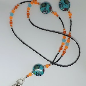 ID Lanyard &quot;Caribbean Beauty&quot; Turquoise Orange Tones Glass Beads Work Cruise Lanyard Badge Holder Pass Card Holder Gift for Her
