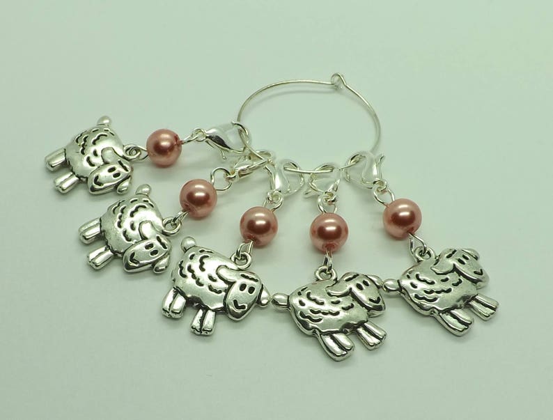 Set of Five Sheep Pink Beads Knitting Stitch Crochet Markers