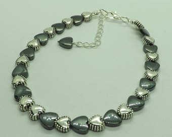 Hematite Hearts Tibetan Silver Hearts Beaded Anklet Ankle Bracelet Hippy Boho