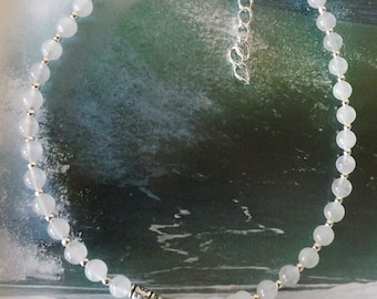 White Moonstone 4mm Gemstone Beaded Angel Wings Charms Ankle Bracelet Healing Beach Anklet Gift for Her
