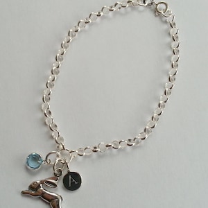Sterling Silver Personalised Leaping Hare Initial Birthstone Hare Bracelet