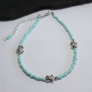 Turtle Anklet, Tortoise Anklet, Sea Blue Glass Beads Turtle Anklet, Beach Anklet, Surf Anklet, Boho Turtle Anklet, Gift for Her