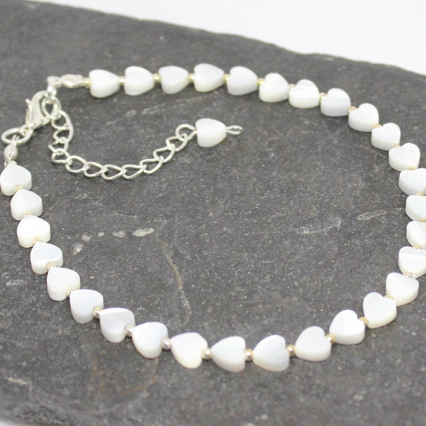 Mother of Pearl Shell Hearts Anklet, Shell Hearts Ankle Bracelet, Mother of Pearl Hearts Anklet, Beach Anklet, Shell Hearts Anklet