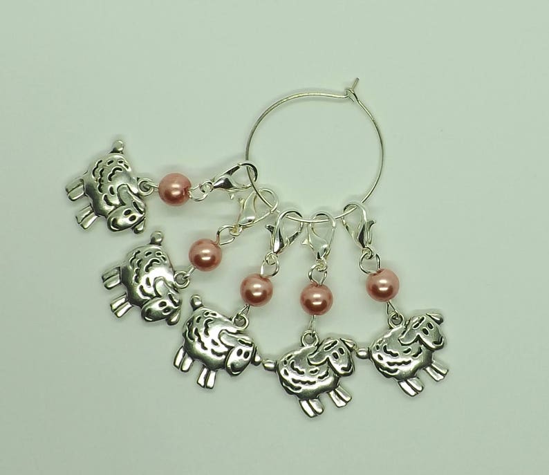 Set of Five Sheep Pink Beads Knitting Stitch Crochet Markers