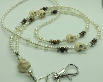Unique Glass Pearl Beads White Skull Tiger Eye Gemstones ID Lanyard Badge Holder