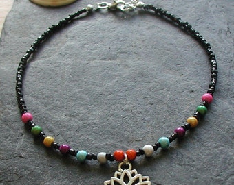 Black Beaded Chakra Lotus Flower Charm Anklet Hippy Festival Boho