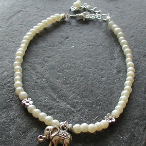 Ivory Pearl Glass Beads Elephant Charm Anklet Ankle Bracelet