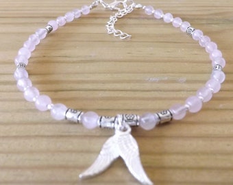 Rose Quartz 4mm Gemstone Beads Angel Wings Charm Ankle Bracelet Angel Healing Guardian Angel Anklet Gift for Her