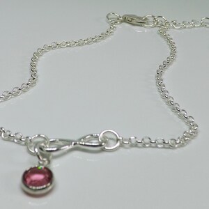 Puede incluir: Un tobillo de cadena de plata con un dije de símbolo de infinito y un colgante de piedra rosa.