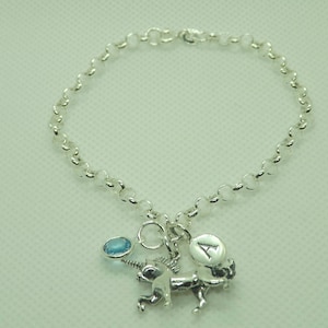 Sterling Silver Personalised 3D Unicorn Charm Bracelet Birthstone Initial Charm