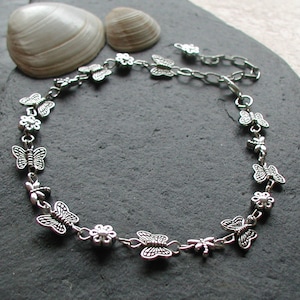 Silver Tones "Summer Garden" Butterfly Dragonfly Flowers Anklet Ankle Bracelet