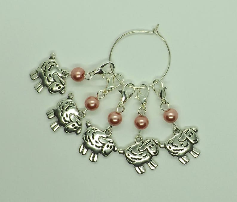 Set of Five Sheep Pink Beads Knitting Stitch Crochet Markers