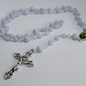 Blue Lace Agate Gemstone Rosary Beads, Five Decade Rosary Beads with Crucifix, Blue Lace Agate Catholic Rosary Beads, Gemstone Prayer Beads