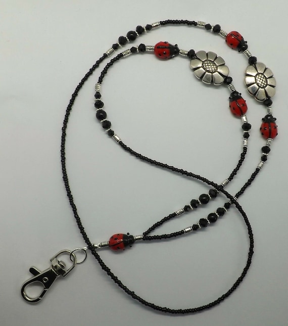 ID Lanyard Beaded Badge Holder Red Black Ladybird Lampwork Beaded Work Cruise Lanyard Glass Lady Bug Beaded Lanyard Gift for Her