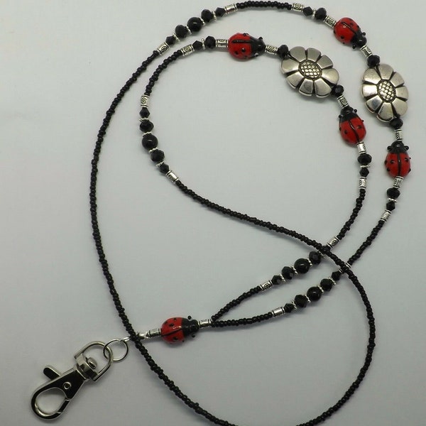 ID Lanyard Beaded Badge Holder Red Black Ladybird Lampwork Beaded Work Cruise Lanyard Glass Lady Bug Beaded Lanyard Gift for Her