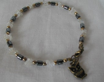 Rainbow Moonstone Gemstone Chips Hematite Beads Owl Charm Anklet Ankle Bracelet Bronze Tones