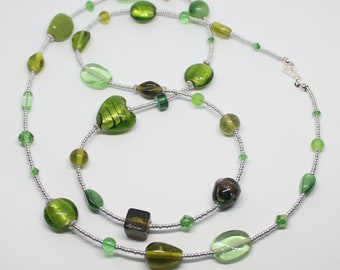 Green Tones Glass Beads Long Necklace, Green Long Beaded Necklace, Luxury Green Glass Beads Long Length Necklace, Gift for Her
