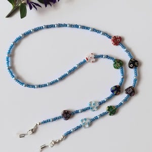 Blue Glasses Chain, Millifiore Heart Flower Beads Glasses Chain, Blue Hearts Beaded Sunglasses Holder, Blue Tones Eyeglasses Holder