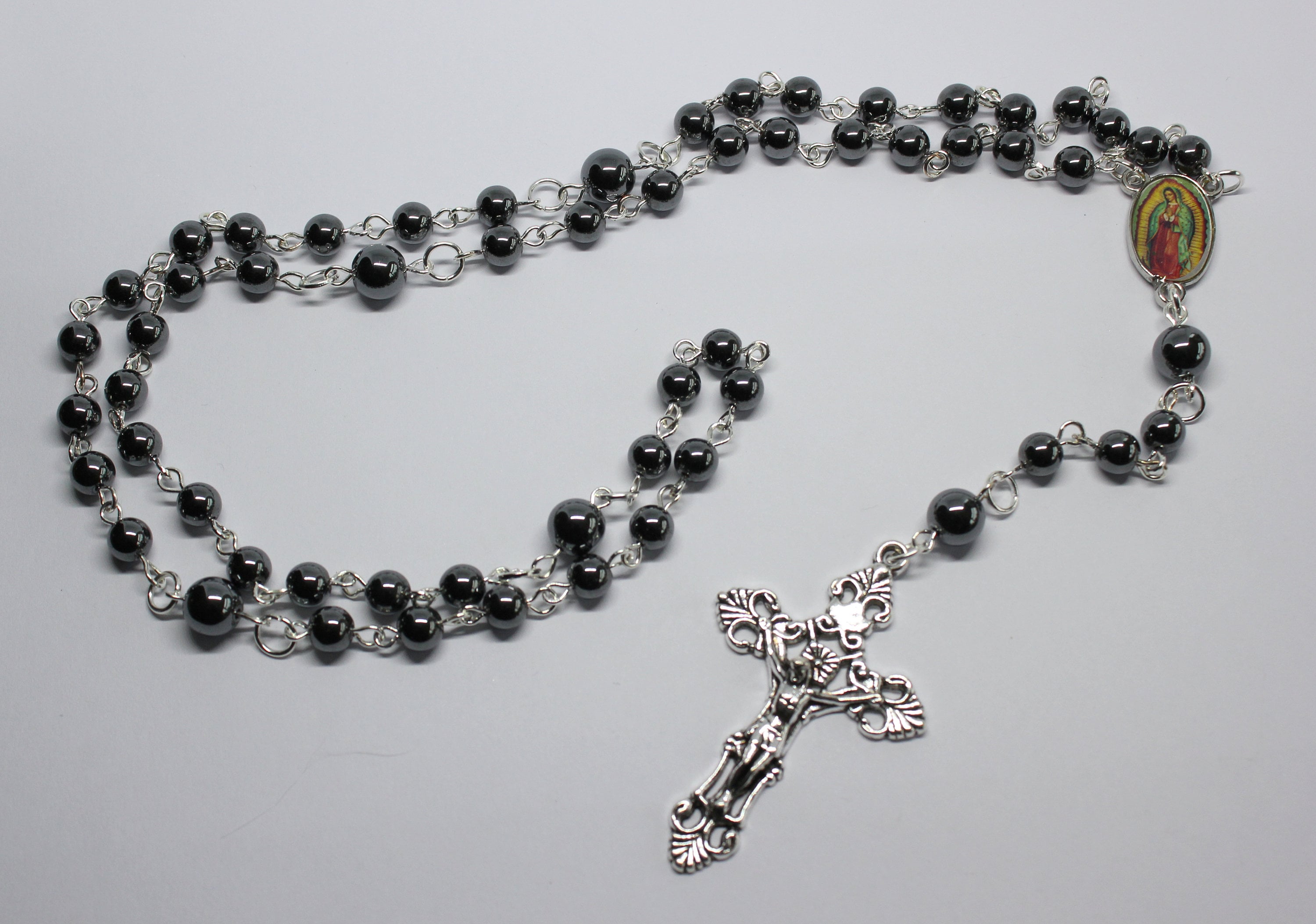 Hematite Rosary Beads, Five Decade Hematite Rosary Beads with Crucifix, Hematite Catholic Rosary Beads, Hematite Prayer Beads