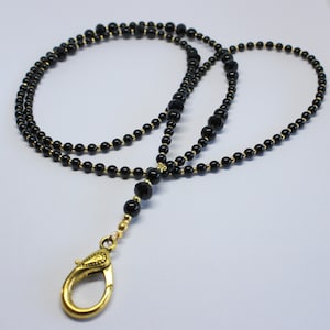 Cordão de identificação preto clássico, cordão de contas de cristal de vidro preto clássico, cordão de identificação clássico com contas pretas, cordão de cruzeiro com contas pretas