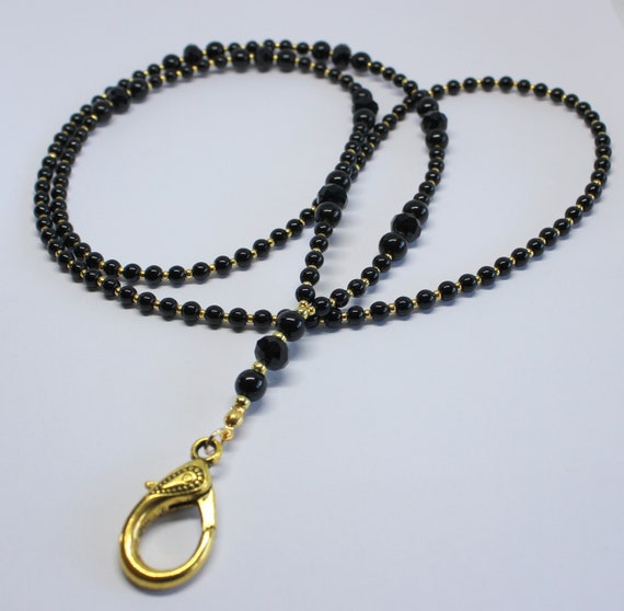 Classic Black ID Lanyard, Classic Black Glass Crystal Beaded Lanyard, Black Beaded Classic ID Lanyard, Black Beads Cruise Lanyard,