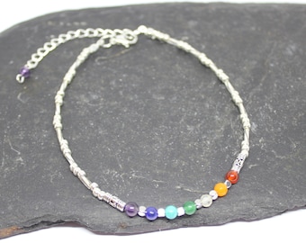 Bracelet de cheville des sept chakras - Bracelet de cheville en perles d'argent et pierres précieuses chakra, chaîne de cheville bohème plage chakra arc-en-ciel, cadeau chakra