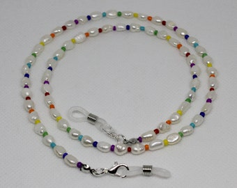 Rainbow Freshwater Pearls Glasses Holder, Freshwater Pearls Spectacles Holder, Rainbow Pearls Sunglasses Chain, Rainbow Glasses Chain