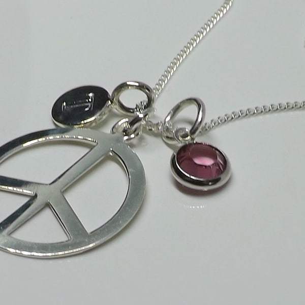 Sterling Silver Personalised Peace Sign Pendant Necklace Sterling Silver Initial Charm Birthstone Peace Necklace Gift for Her