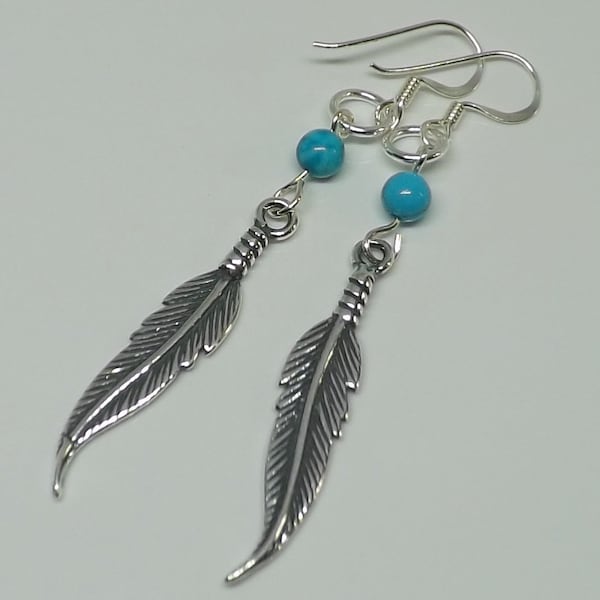 Boucles d’oreilles en plumes de perles turquoise en argent sterling Boucles d’oreilles pendantes en plumes Style amérindien Bijoux en plumes turquoise en argent sterling