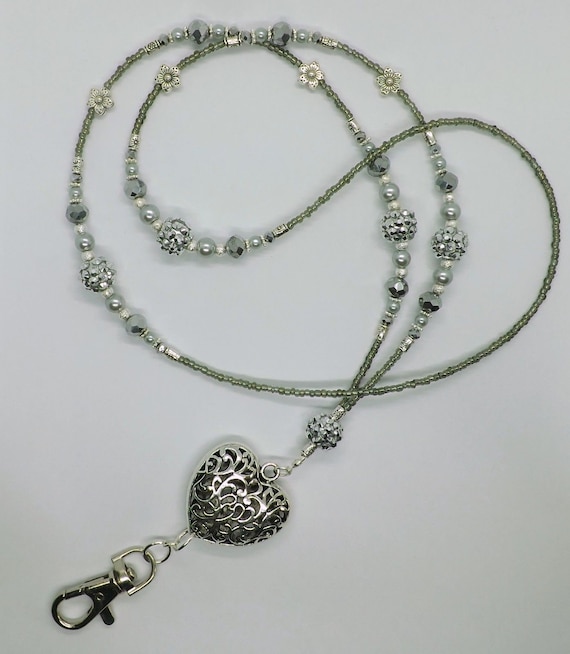 ID Lanyard Classic Grey Heart Beaded Handmade Cruise Badge Holder Work Lanyard