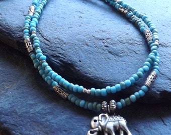 Tobillera de elefante de doble hebra con cuentas de vidrio turquesa, pulsera de tobillo Hippy Festival Boho