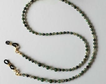 Corrente para óculos com pedras preciosas de ágata musgo verde, corrente para óculos de sol, suporte para óculos com contas de pedras preciosas, suporte para óculos com contas de pedras preciosas