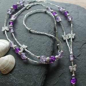 Lilac Purple Glass Beads Butterfly ID Lanyard Badge Holder ID Necklace