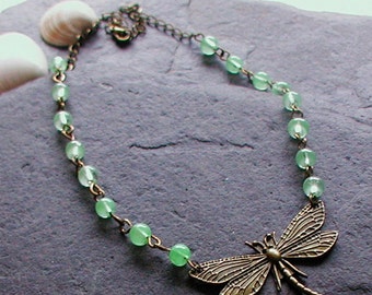 Vintage Inspired Antique Bronze Dragonfly Necklace Apple Green Glass Beads