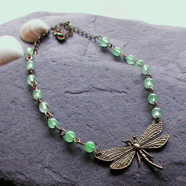 Vintage Inspired Antique Bronze Dragonfly Necklace Apple Green Glass Beads