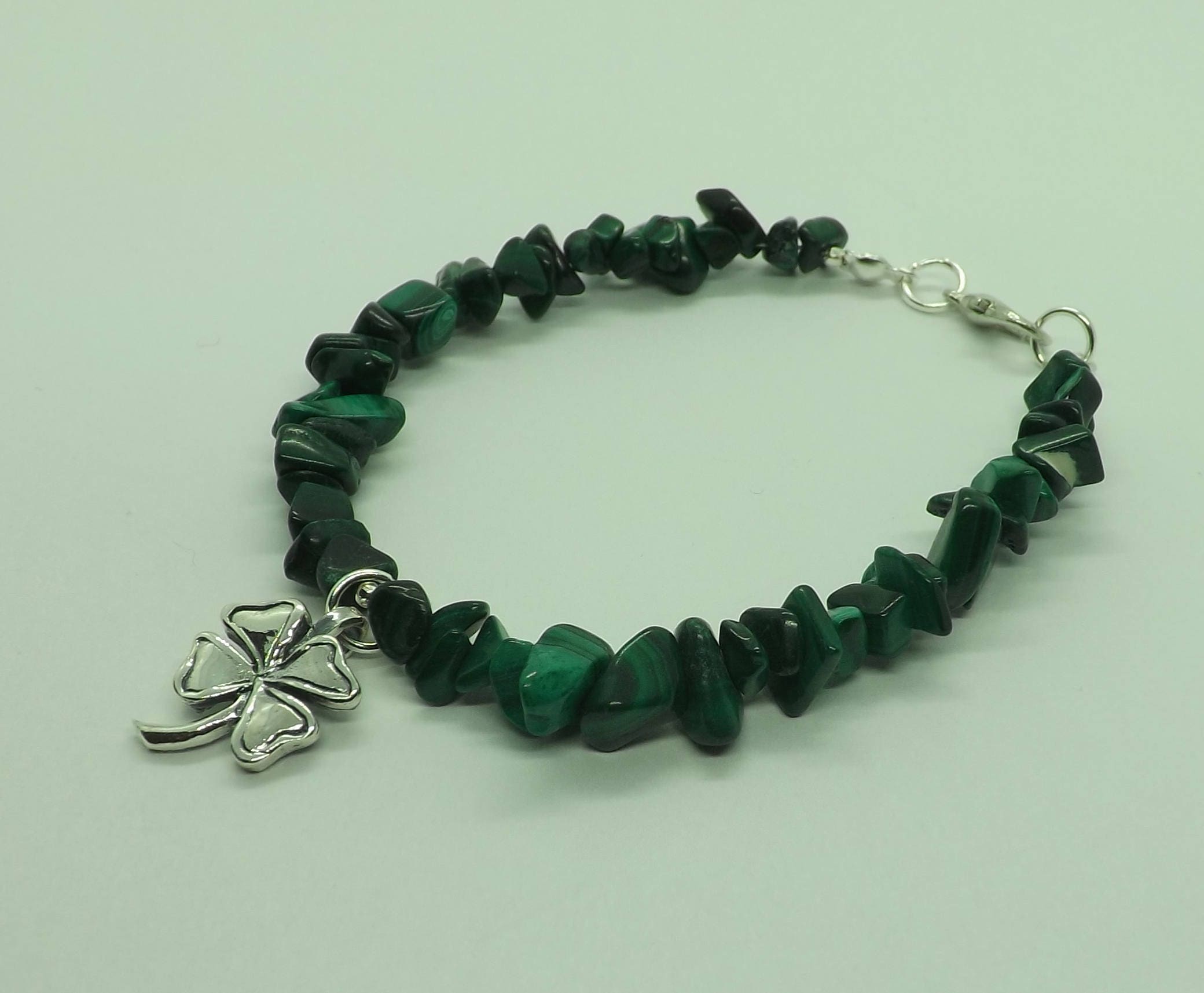 Sterling Zilver Malachiet edelsteen Chips parels Lucky Clover Shamrock armband
