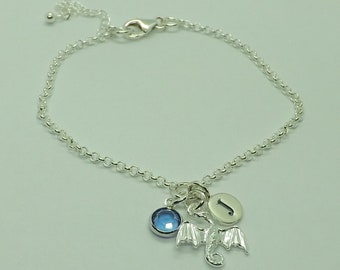 Sterling Silver Personalised Dragon Charm Bracelet Initial Birthstone Charm Gift Silver Dragon Jewellery Gift for Her