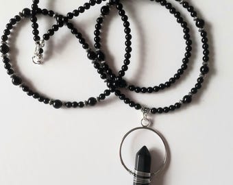 Black Onyx Gemstone Crystal Point Necklace, Long Black Onyx Gemstone Pendant Necklace, Double Terminated Onyx Crystal Point Necklace