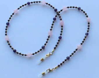 Eyeglass Chain, Gemstone Beads Spectacles Holder, Luxury Beaded Glasses Chain, Garnet, Rose Quartz and Amethyst Sunglasses Holder