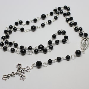 Black Onyx Gemstone Rosary Beads, Five Decade Rosary Beads with Crucifix, Black Onyx Catholic Rosary Beads