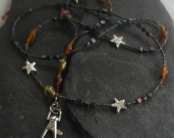Falling Stars Amber Brown Black Tones ID Lanyard Handmade Beaded Badge Holder