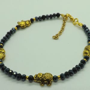 Black Crystal Beads Gold Tone Lucky Elephant Anklet Ankle Bracelet Beach Anklet