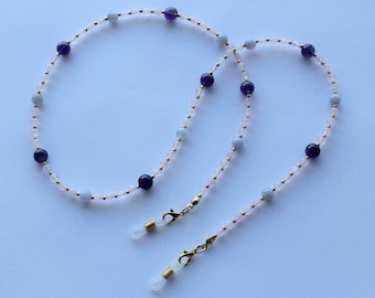 Eyeglass Chain, Gemstone Beads Spectacles Holder, Luxury Beaded Glasses Chain, Rose Quartz, Blue Lace Agate and Amethyst Sunglasses Holder