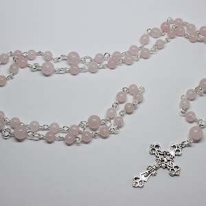 Rose Quartz Gemstone Rosary Beads, Five Decade Rose Quartz Rosary Beads with Crucifix, Rose Quartz Catholic Rosary Beads, Prayer Beads